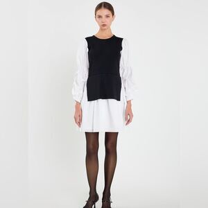 English Factory Mixed Media Puff Sleeve Mini Dress Black White Size L NWT